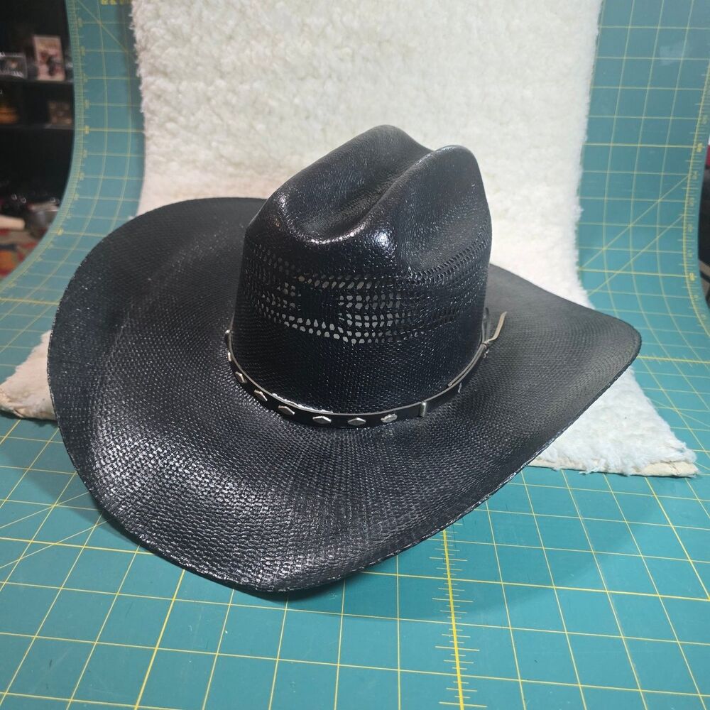 Bangora Texas Gold Black Straw Cowboy Hat Men's Size 7 Western Vented Studded